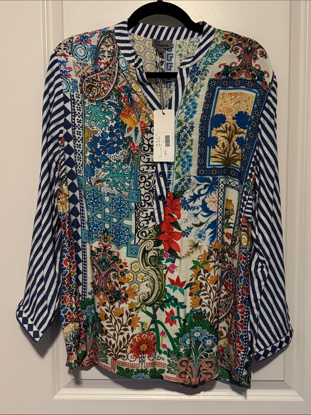 Shana Women's Multicolor Floral-Paisley Printed Blouse - Navy Stripe Accents